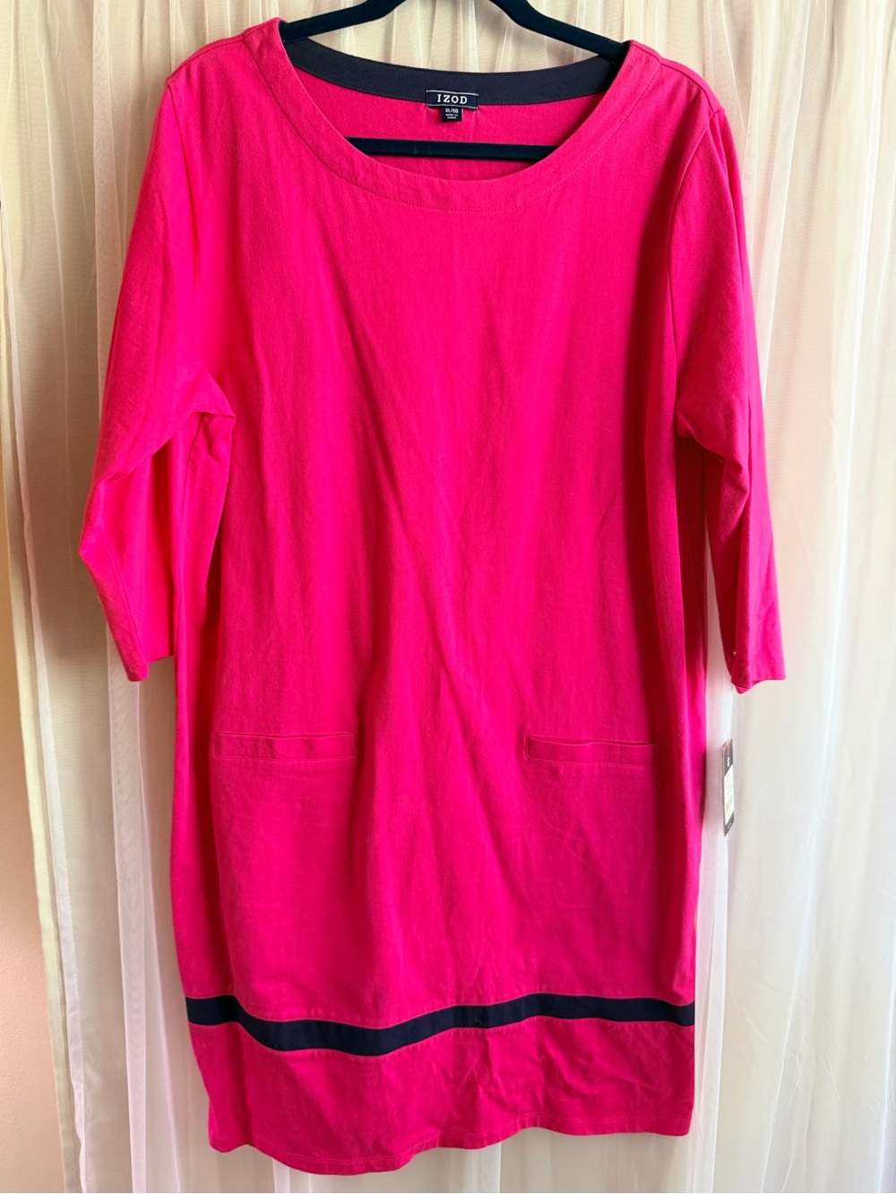 Izod Bright Pink Midi Dress with Navy Hem Detail soft faux pockets NWT